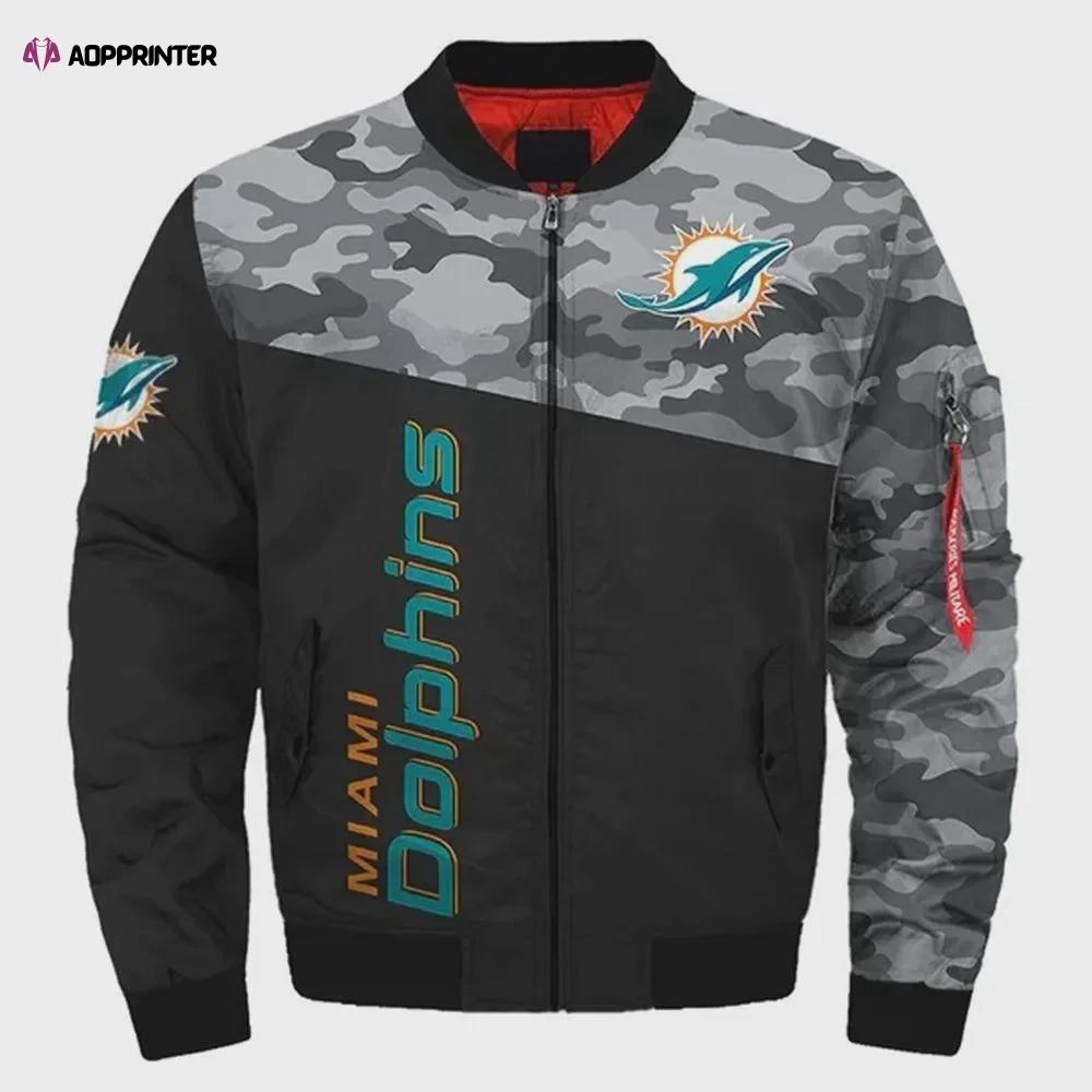 Miami dolphins camo pattern bomber jacket – black and gray Bomber Jacket