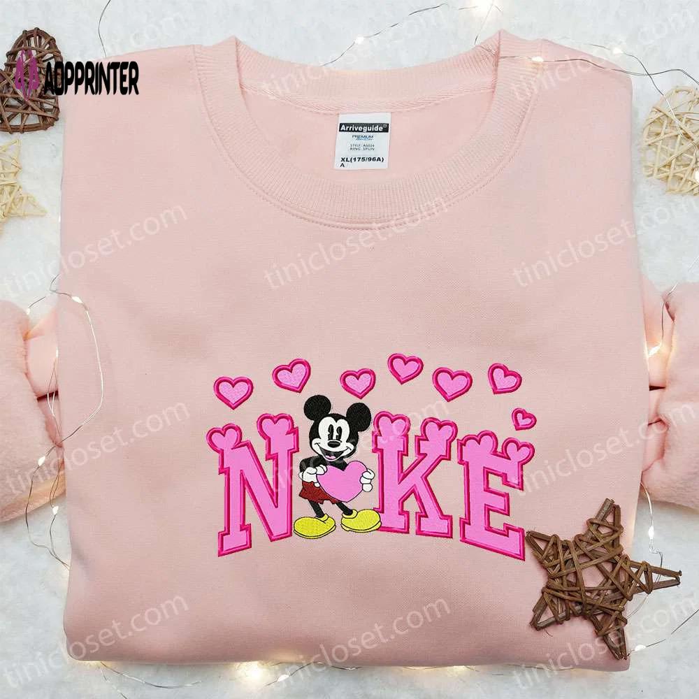 Mickey mouse heart x nike cartoon hoodie: best valentine s day gift with nike inspired embroidery Embroidered Shirt