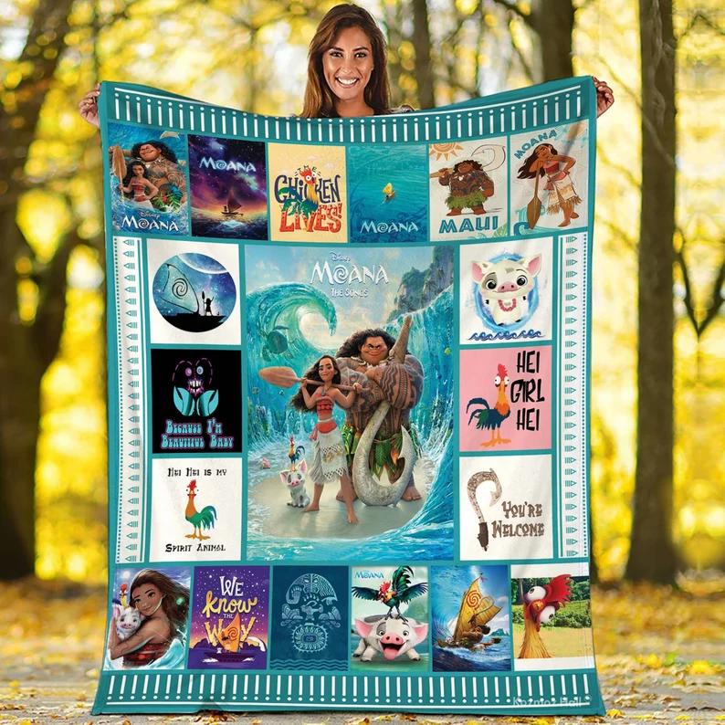 Moana fleece blanket, moana blanket, moana cartoon blanket, hei hei chicken pua pig, christmas gifts, birthday gifts for kids Quilt Blanket