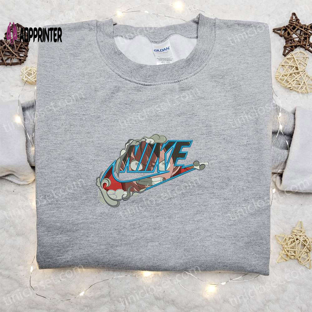 Monkey d luffy wano arc x nike anime sweatshirt: one piece embroidered shirt nike inspired design Embroidered Shirt