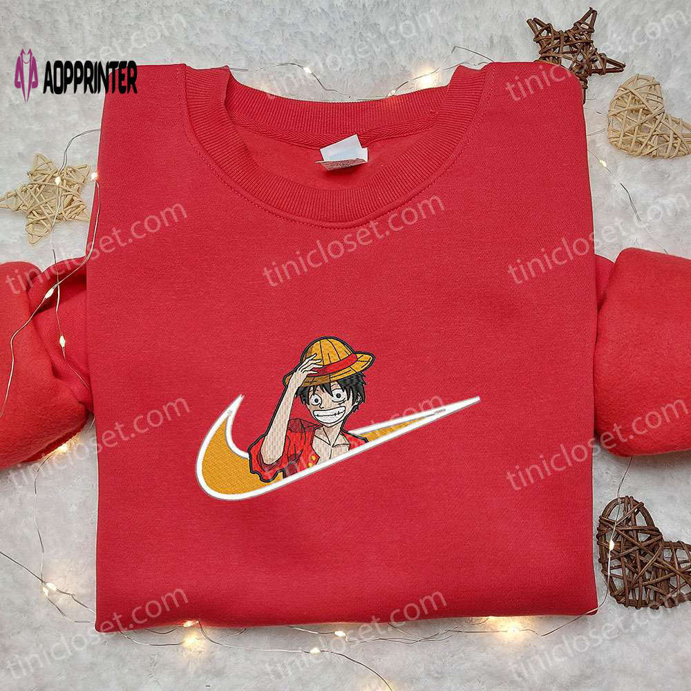 Monkey d luffy x nike anime embroidered sweatshirt: one piece straw hat shirt nike inspired Embroidered Shirt