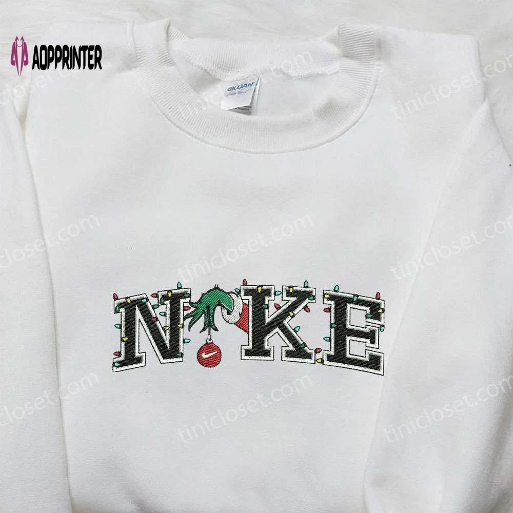 Nike x christmas grinch hand embroidered shirt – custom holiday gift for family Embroidered Shirt