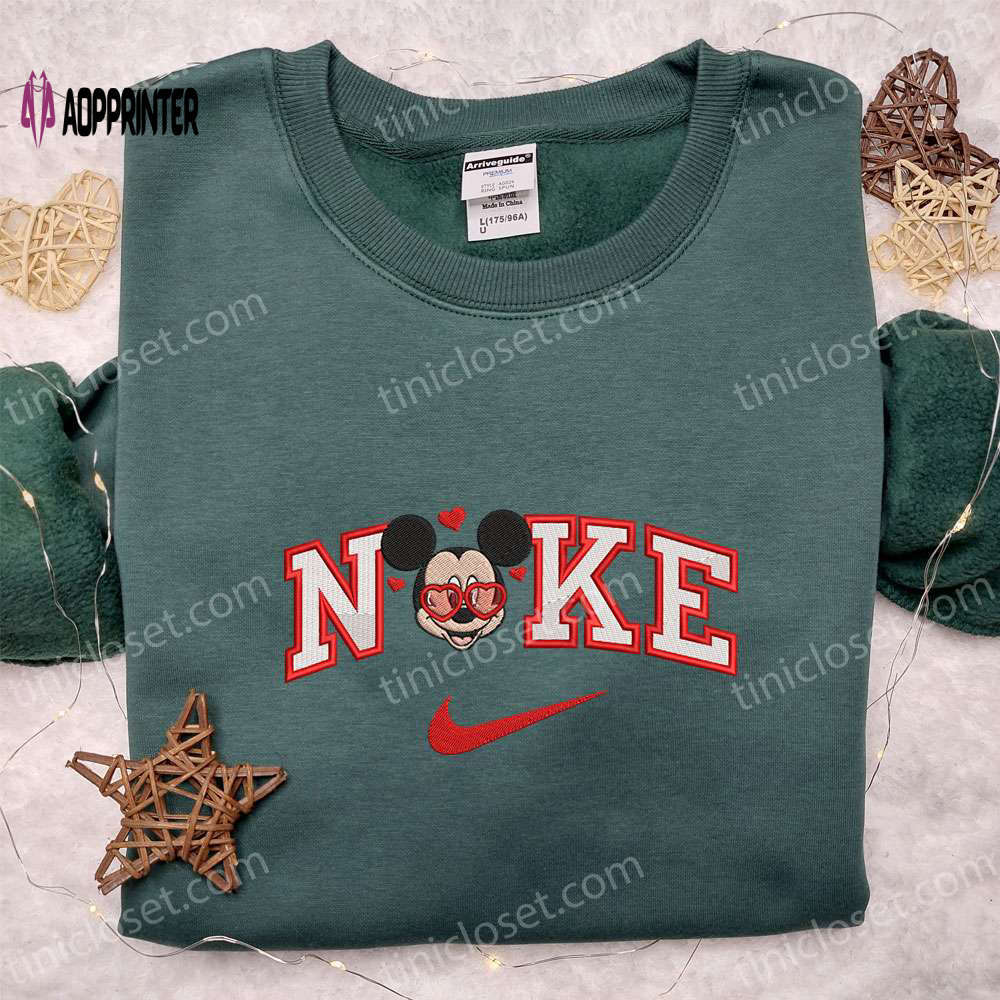 Nike x mickey heart glasses shirt & disney characters hoodie: best valentine’s day gift ideas Embroidered Shirt