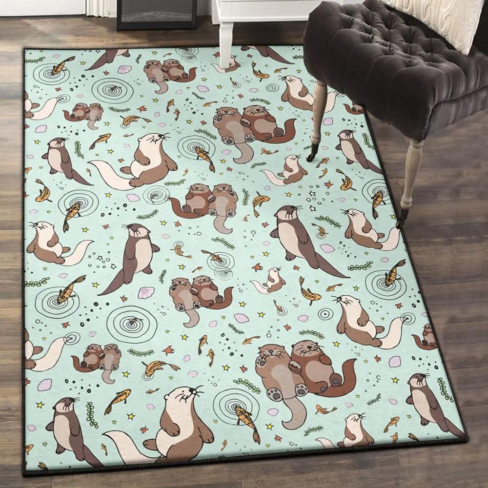 Otter dining room rug, otters in blue rug Rectangle Rug