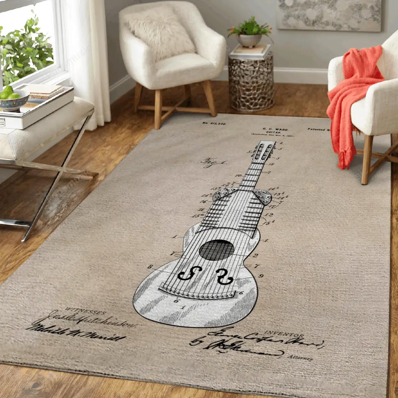 Patent art ward 1898 guitar patent music art for fans area rug living room carpet rug regtangle carpet floor decor home decor Rectangle Rug