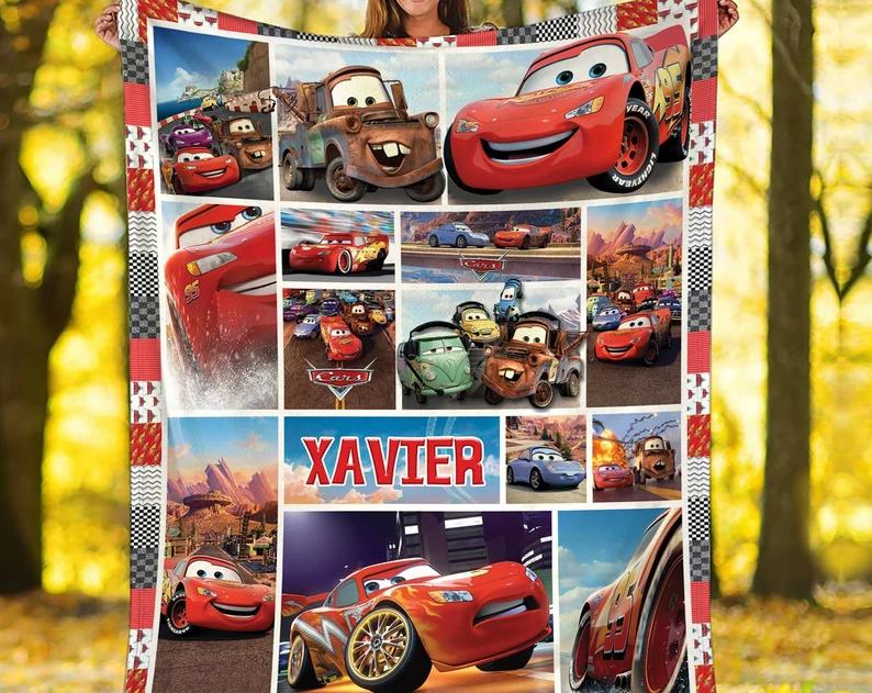 Personalized cars movies blanket, lightning mcqueen blanket, pixar cars characters, birthday gift for him, home bedding decor Quilt Blanket