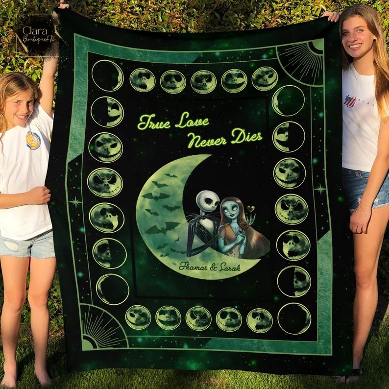 Personalized name blanket true love never die jack skellington and sally fleece blanket, mink sherpa blanket, jack and sally blanket Quilt Blanket