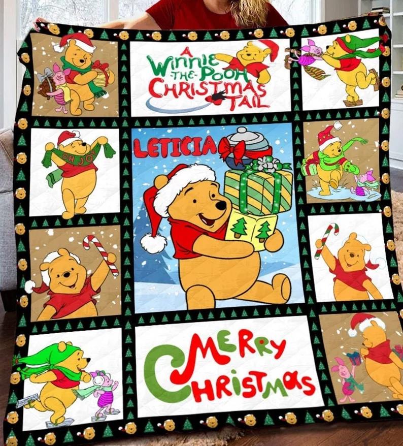 Personalized winnie the pooh christmas blanket, winnie the pooh fleece blanket, pooh bear couch sofa blanket winnie the pooh christmas gifts Quilt Blanket