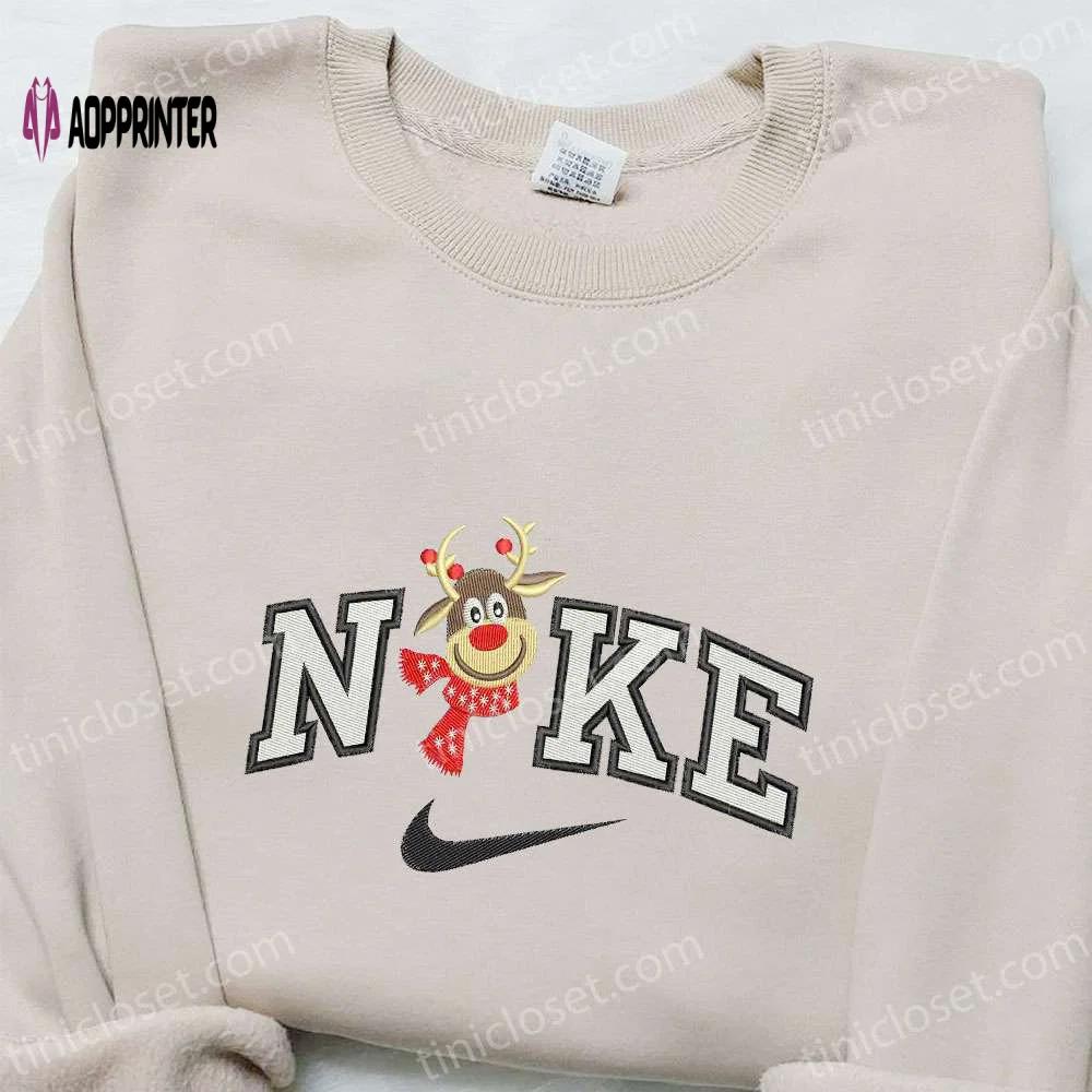 Reindeer x nike embroidered shirt christmas sweatshirt & custom hoodie – festive apparel Embroidered Shirt