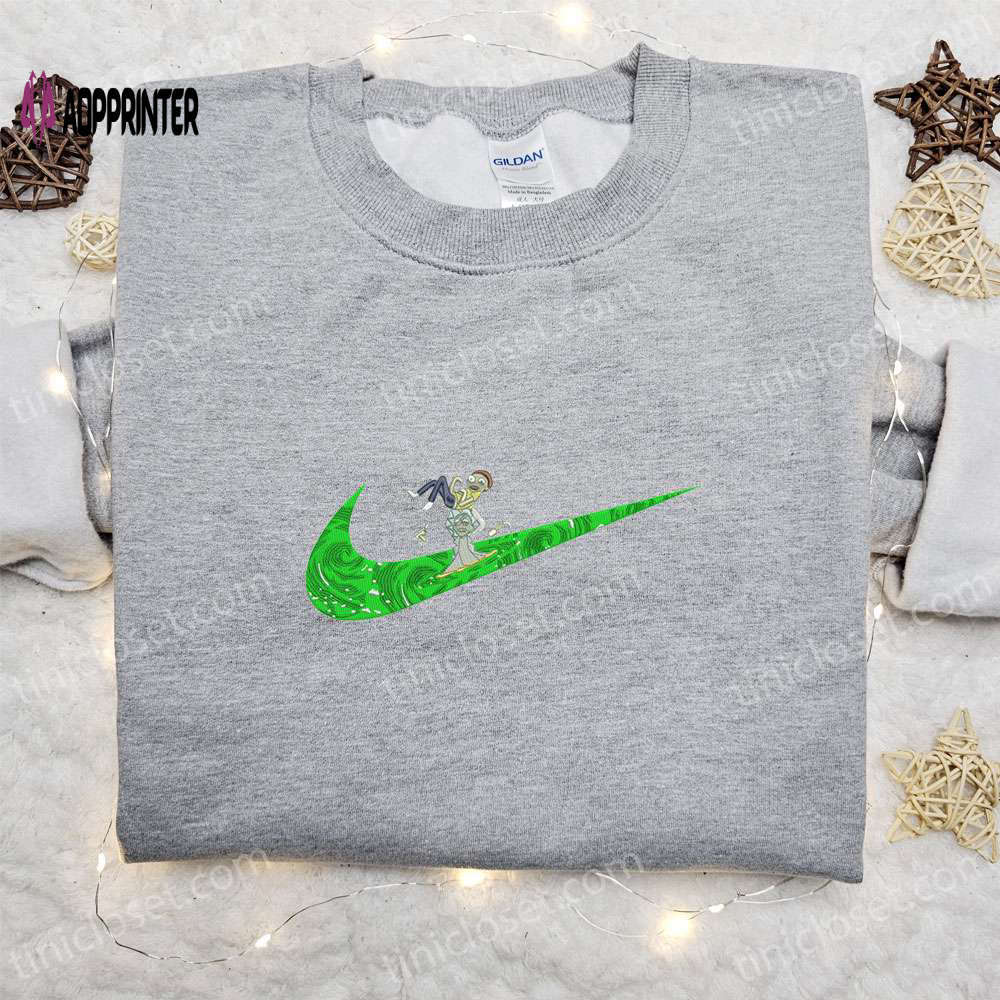Rick and morty x swoosh cartoon embroidered shirt – nike inspired sweatshirt & custom hoodie Embroidered Shirt
