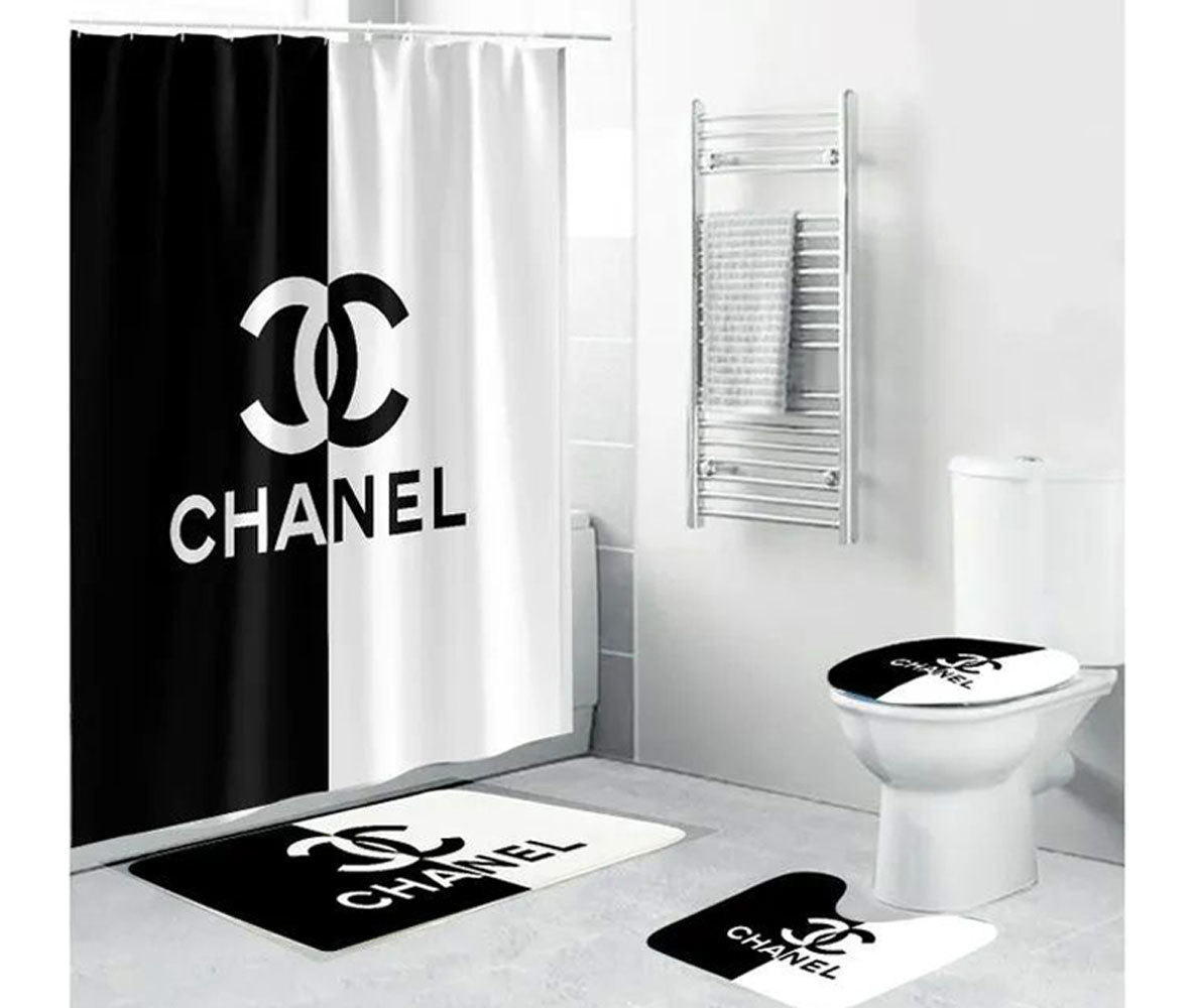 Rugs in living room and bedroom - Chanel black white bathroom set hot 2023 luxury shower curtain bath rug mat home decor 263 Bathroom Accessory Sets