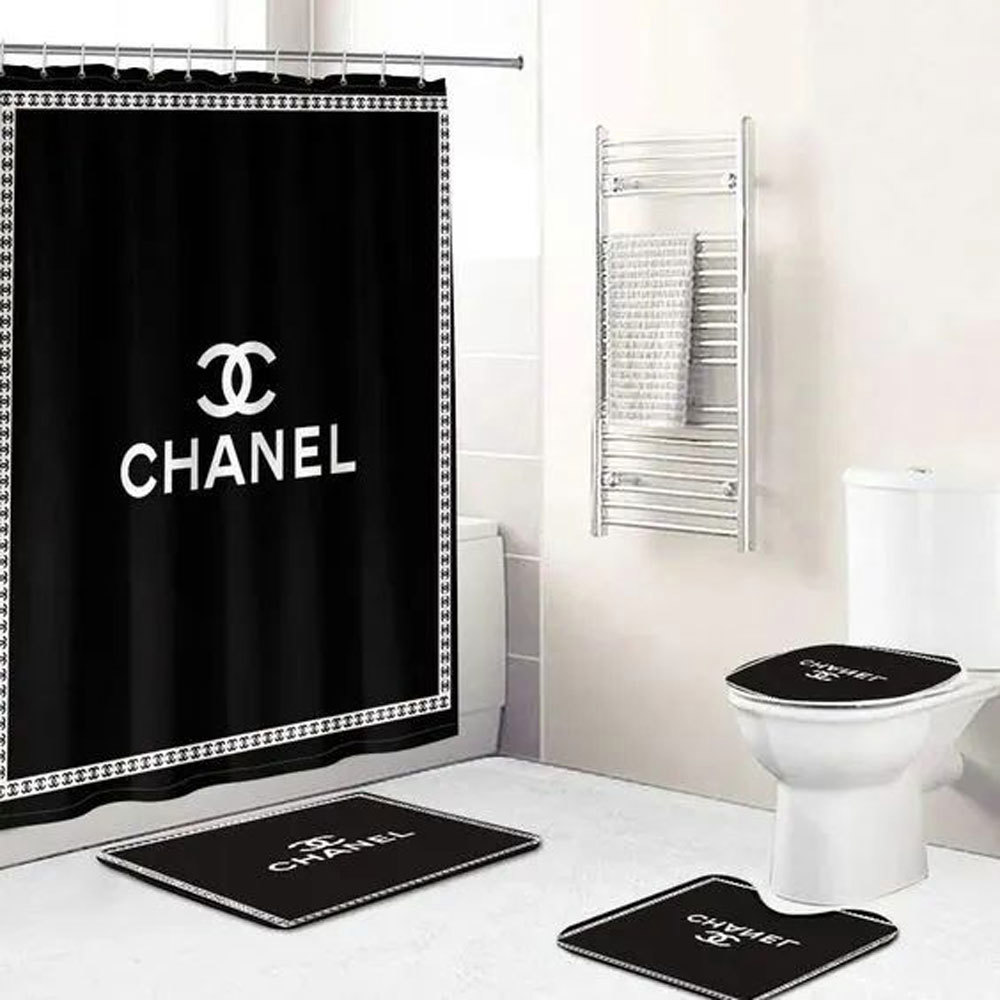 Rugs in living room and bedroom - Chanel black white bathroom set hot 2023 luxury shower curtain bath rug mat home decor 320 Bathroom Accessory Sets