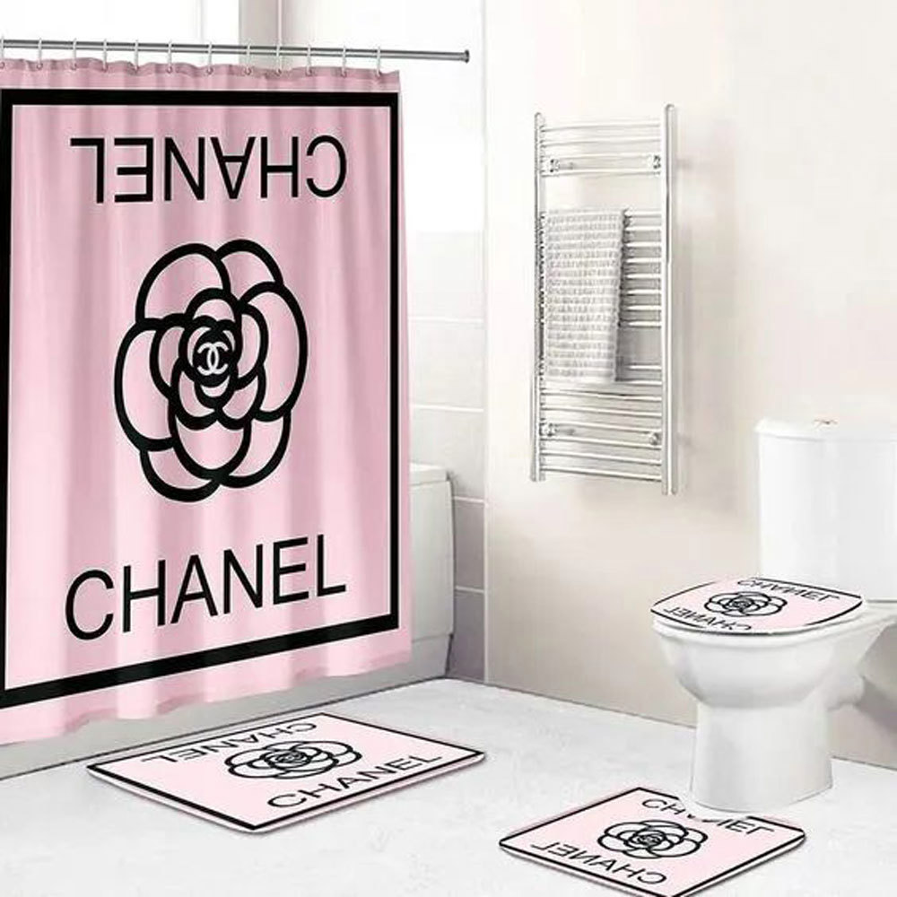 Rugs in living room and bedroom - Chanel pink bathroom set hot 2023 luxury shower curtain bath rug mat home decor 322 Bathroom Accessory Sets