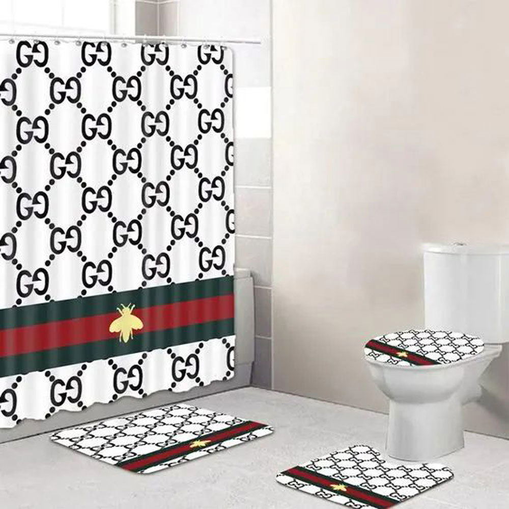 Rugs in living room and bedroom - Gucci white bee bathroom set hot 2023 luxury shower curtain bath rug mat home decor 207 Bathroom Accessory Sets