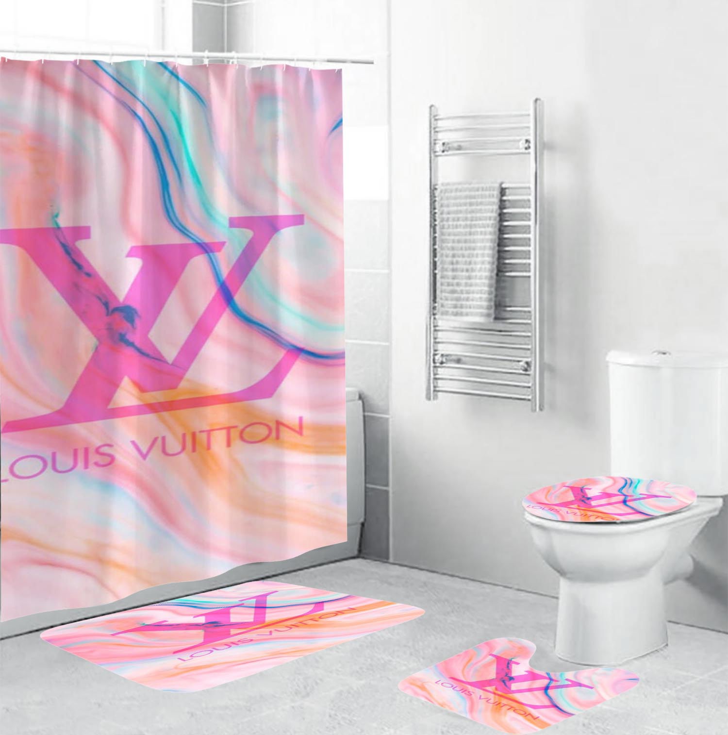 Rugs in living room and bedroom - Louis vuitton lv abstract bathroom set hot 2023 luxury shower curtain bath rug mat home decor 115 Bathroom Accessory Sets
