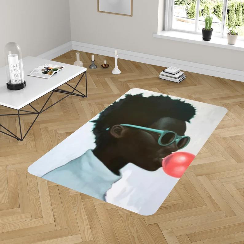 Rugs in living room and bedroom african american rug - modern black boy rug - black boy blowing bubble gum- black man art- christmas gift- modern rug- bubble gum art rug Rectangle Rug