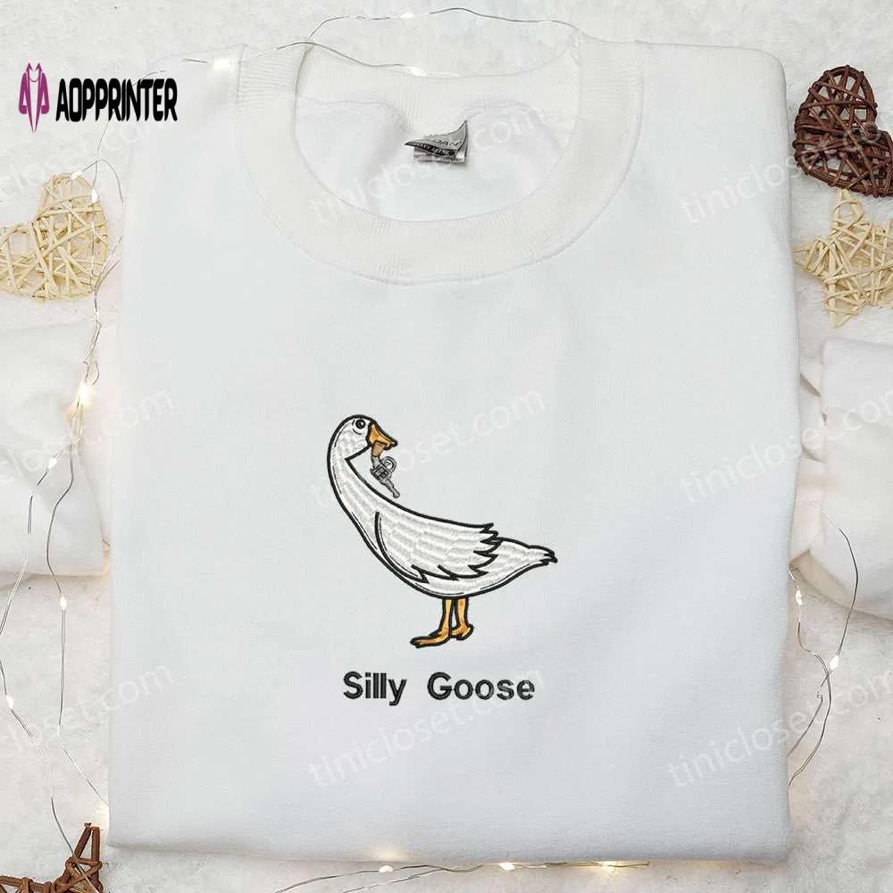 Silly goose with gun embroidered shirt: funny animal embroidery for a hilarious look! Embroidered Shirt