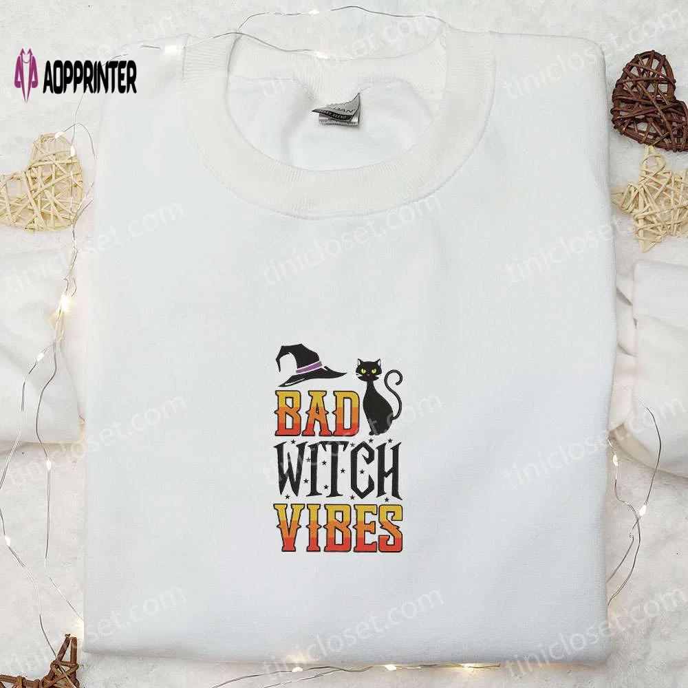 Spooky black cat witch halloween sweatshirt – best family gifts Embroidered Shirt
