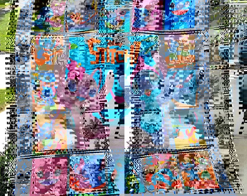 Stitch and angel fleece blanket, stitch throw blanket for couch sofa, stitch couple gifts, stitch birthday gift, christmas gifts Quilt Blanket