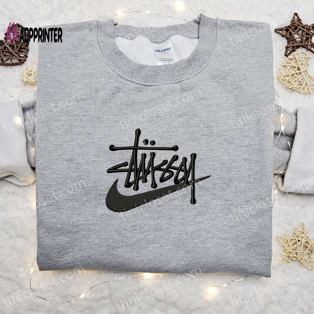 Stussy x swoosh embroidered sweatshirt: nike inspired hoodie perfect family gift Embroidered Shirt