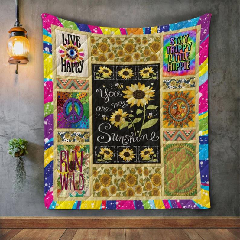 Sunflower you are my sunshine blanket, hippie peace symbol blanket, stay trippy little hippie, birthday gifts, christmas gifts Quilt Blanket