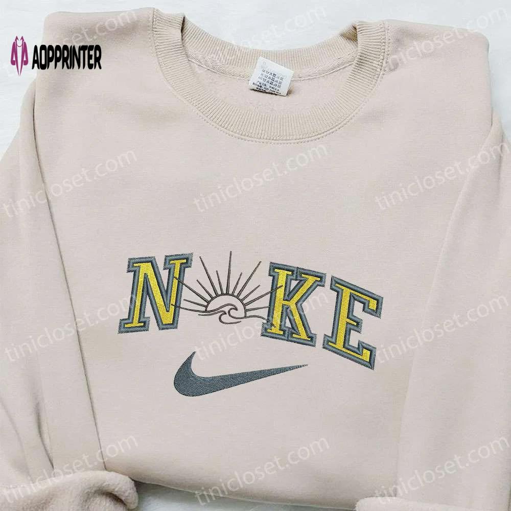 Sunset x swoosh embroidered sweatshirt: nike inspired hoodie perfect birthday gift Embroidered Shirt