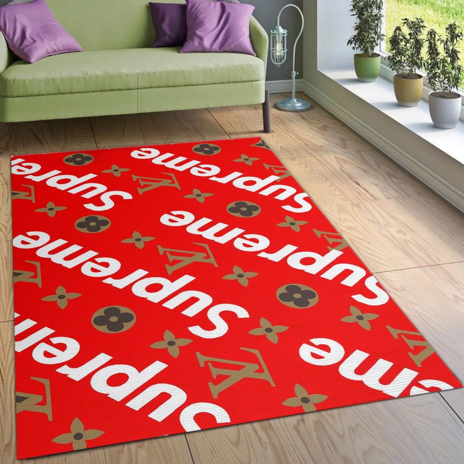 Supereme x louis vuitton logo type 775. Upgrade Your Living Room with Luxury Home Decor: Area Carpets, Floor Decor, Door Mats, and Hot Gift Items with style a High-End Fashion Brand Rectangle Rug