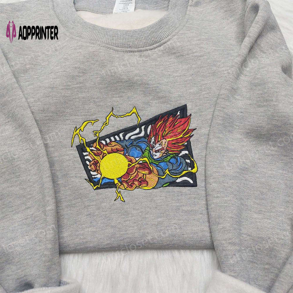 Vegeta super saiyan blue shirt: dragon ball embroidered sweatshirt – anime inspired attire Embroidered Shirt