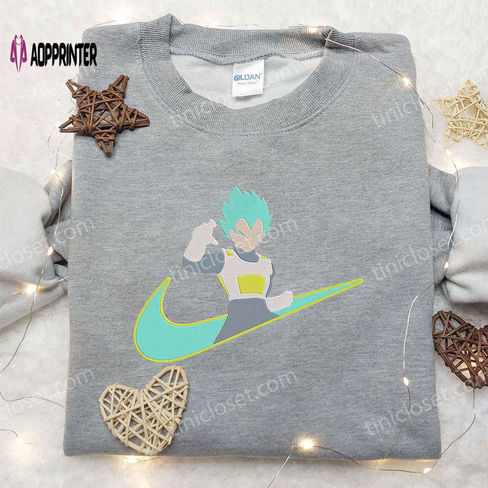 Vegeta super saiyan x nike swoosh anime embroidered hoodie & dragon ball shirt – nike inspired apparel Embroidered Shirt
