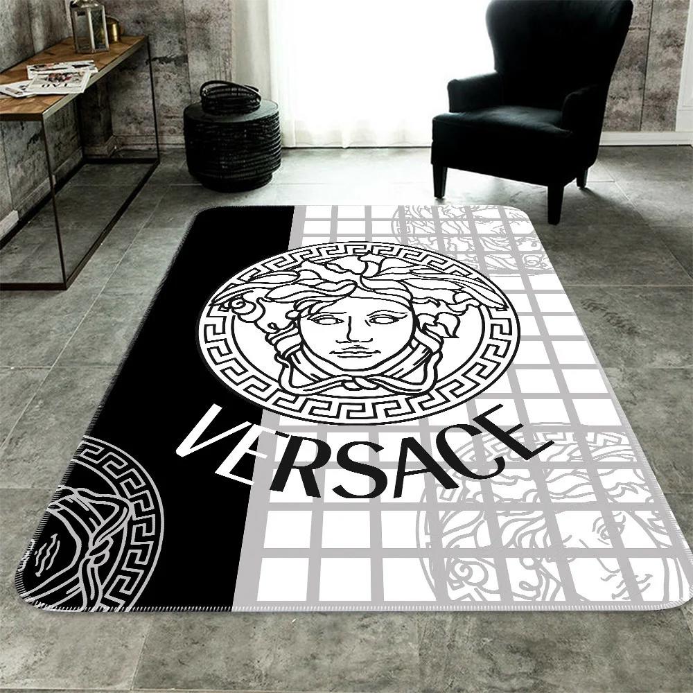 Versace black white logo type 606. Upgrade Your Living Room with Luxury Home Decor: Area Carpets, Floor Decor, Door Mats, and Hot Gift Items with style a High-End Fashion Brand Rectangle Rug