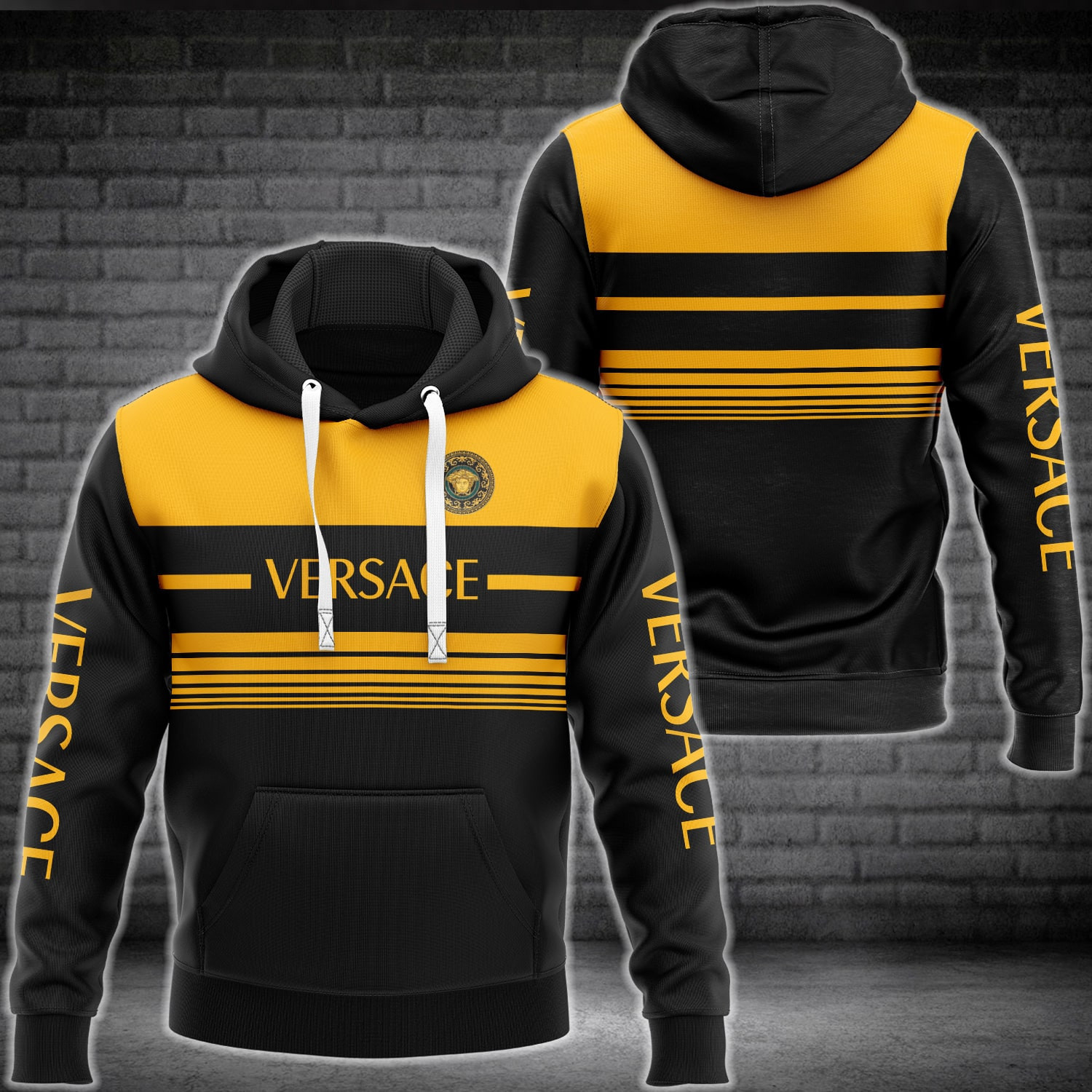Versace black yellow fashion luxury brand premium hoodie for men women Hoodie 3D