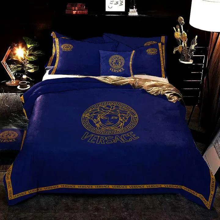 Versace navy blue luxury brand bedding sets bedspread duvet cover set, bedroom decor , thanksgiving decorations for home best luxury bed sets gift thankgivings and christmas Bedding Sets