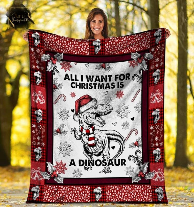All i want for christmas is a dinosaur xmas fleece blanket, mink sherpa blanket, dinosaur lover gift, dinosaur xmas blanket, christmas quilt Quilt Blanket