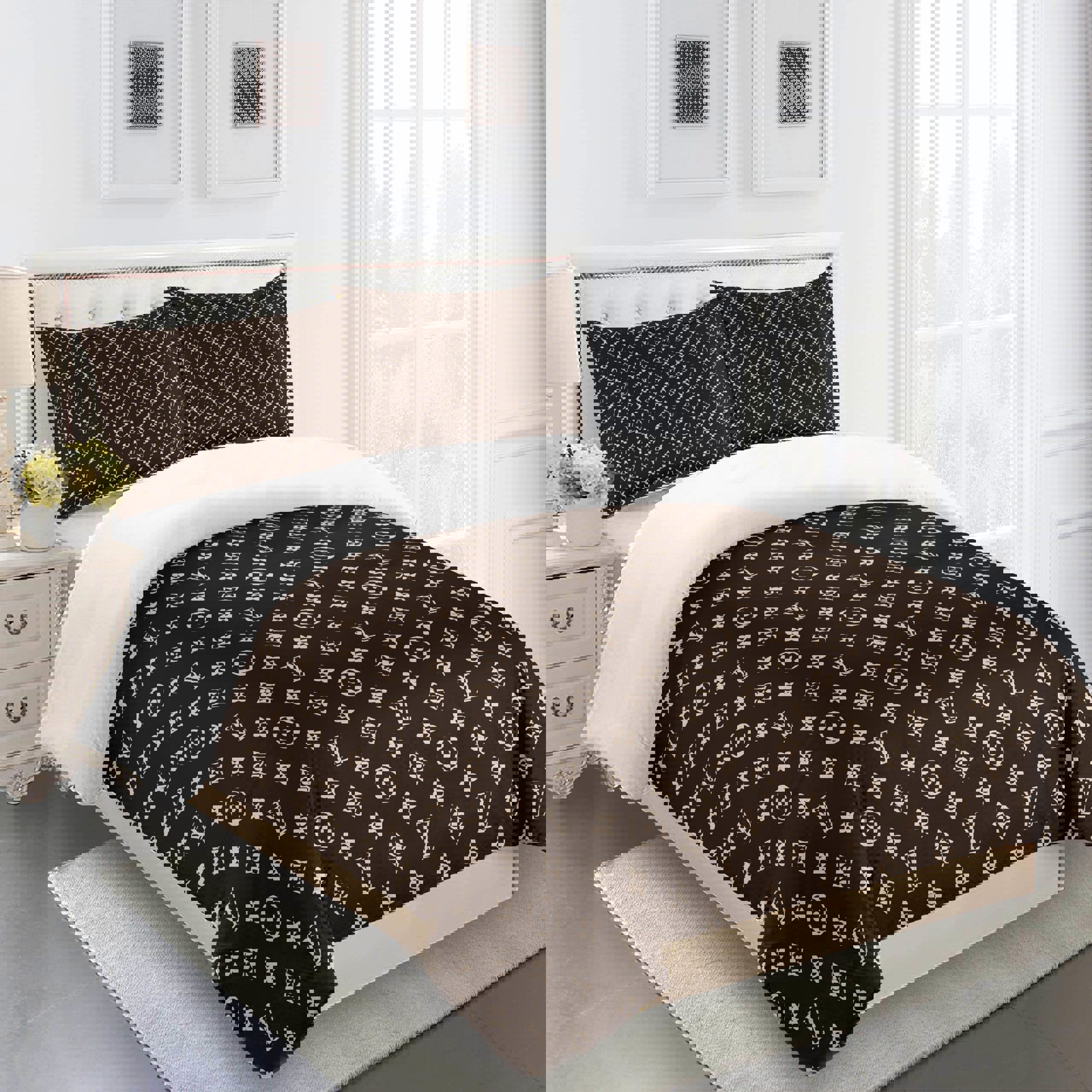 Beige and black louis vuitton logo type 2252 Bedding Sets bedspread luxury ideas duvet hyperbeast Bedroom bed linen covers bedclothes sheets premium fashion brand blankets home decor