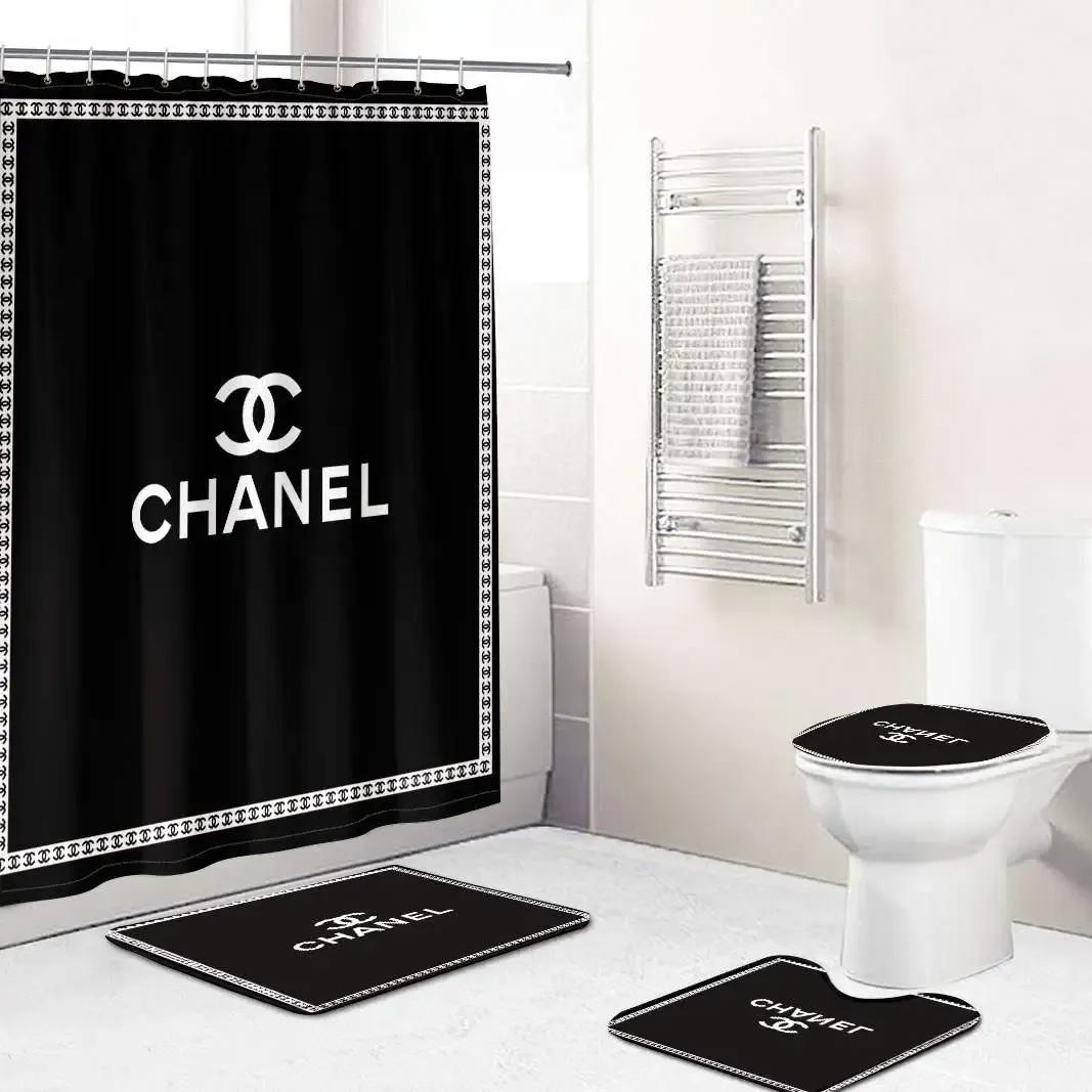 Chanel framed white and black logo type 885 Bathroom Accessory Sets Waterproof Shower Curtain Bathroom Sets Pedestal Rug Toilet Cover Home Decor Luxury Fashion Brand Bath Mat Set Hypebeast Bathroom