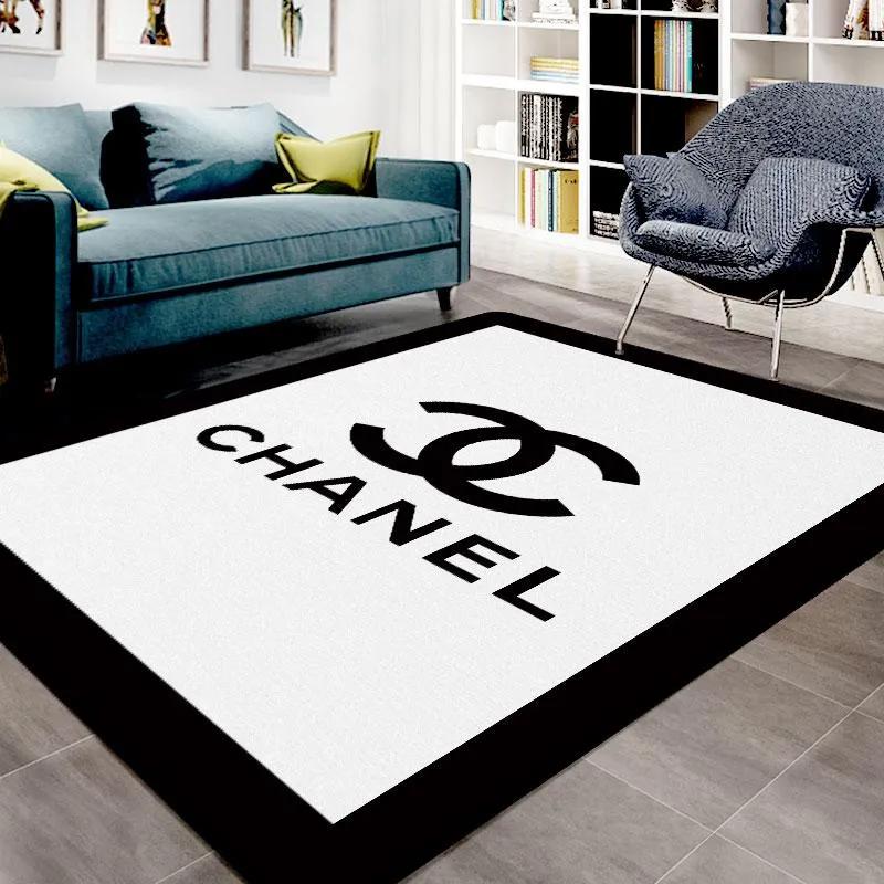 Chanel white logo type 255. Upgrade Your Living Room with Luxury Home Decor: Area Carpets, Floor Decor, Door Mats, and Hot Gift Items with style a High-End Fashion Brand Rectangle Rug