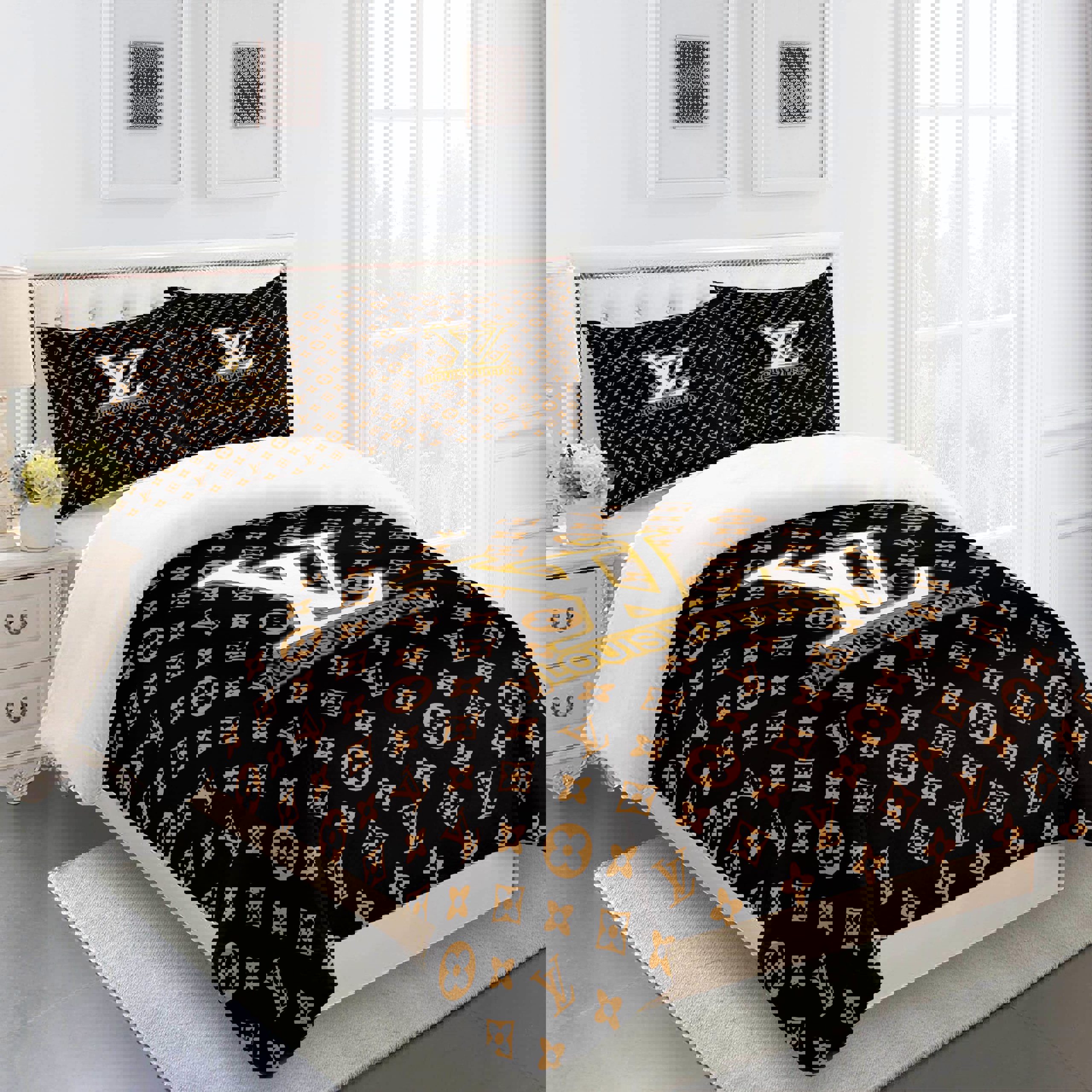 Comforter sets golden logo white full louis vuitton bedding set  home decoration Bedding Sets