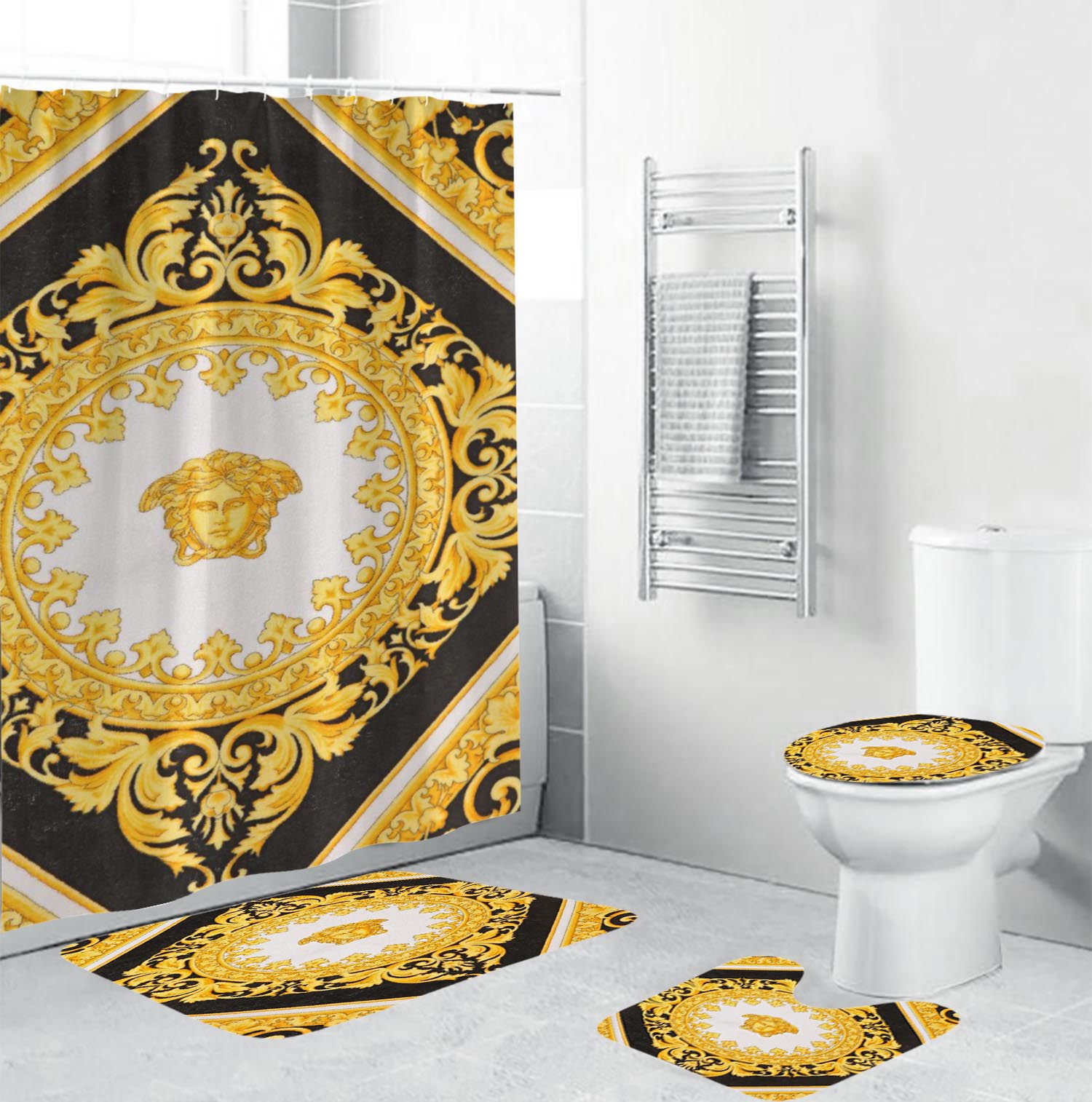 Gianni versace royal logo type 1664 Bathroom Accessory Sets Toilet Cover Bath Mat Set Luxury Fashion Brand Bathroom Sets Hypebeast Bathroom Pedestal Rug Waterproof Shower Curtain Home Decor