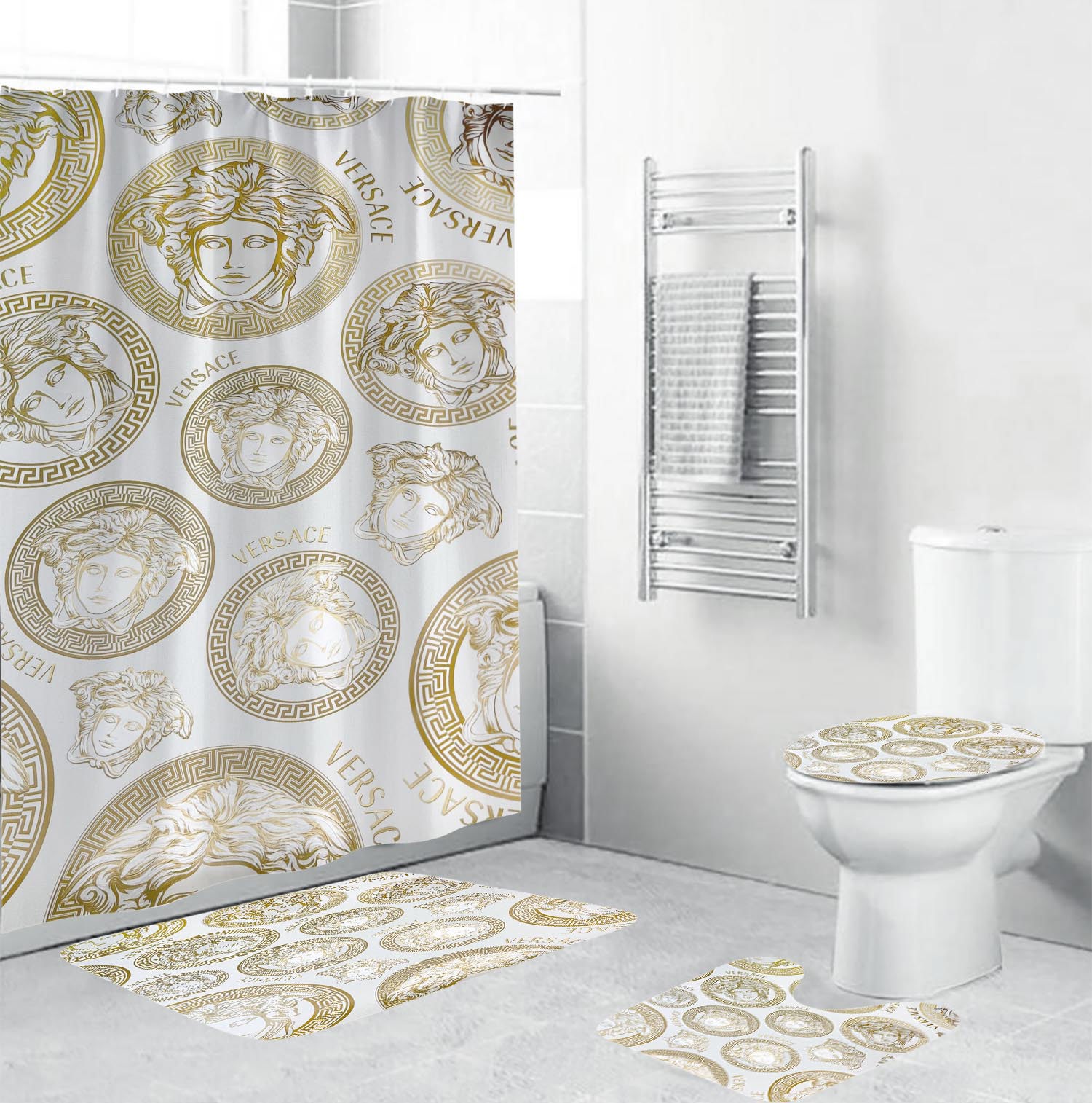 Gianni versace white logo type 1940 Bathroom Accessory Sets Hypebeast Bathroom Toilet Cover Pedestal Rug Home Decor Luxury Fashion Brand Waterproof Shower Curtain Bathroom Sets Bath Mat Set