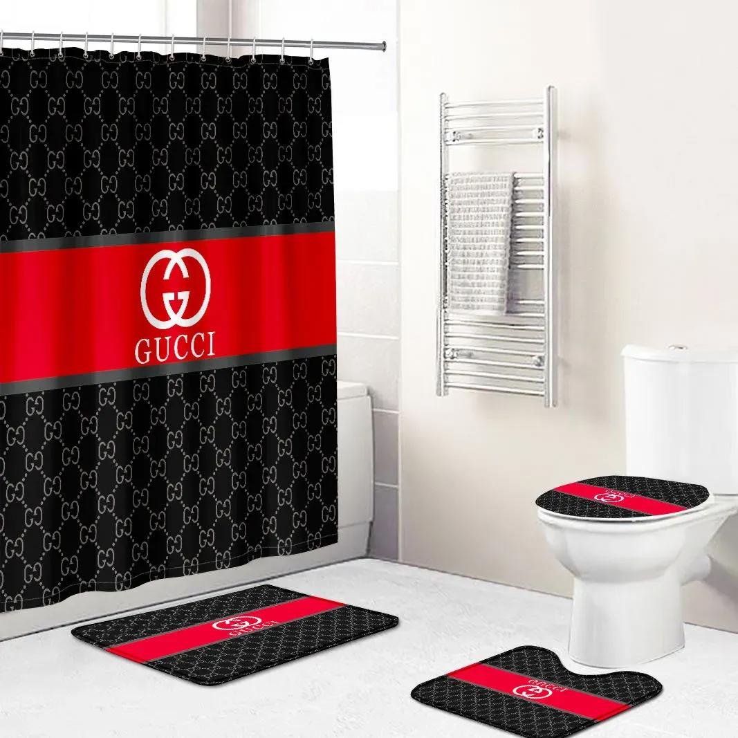 Gucci bathroom set beige red and black logo shower curtain 145 Bathroom Set