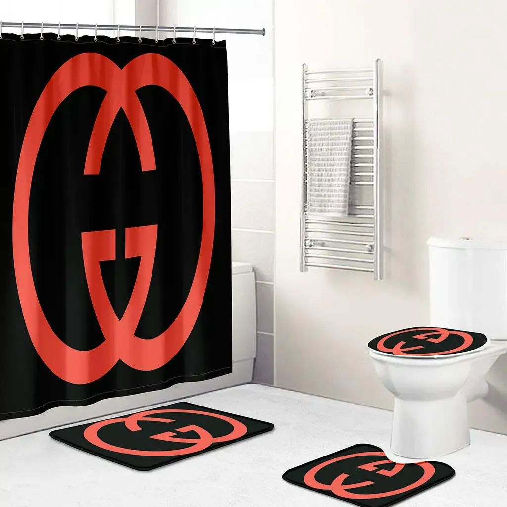 Gucci black logo type 1711 Bathroom Accessory Sets Luxury Fashion Brand Hypebeast Bathroom Toilet Cover Bathroom Sets Waterproof Shower Curtain Pedestal Rug Bath Mat Set Home Decor