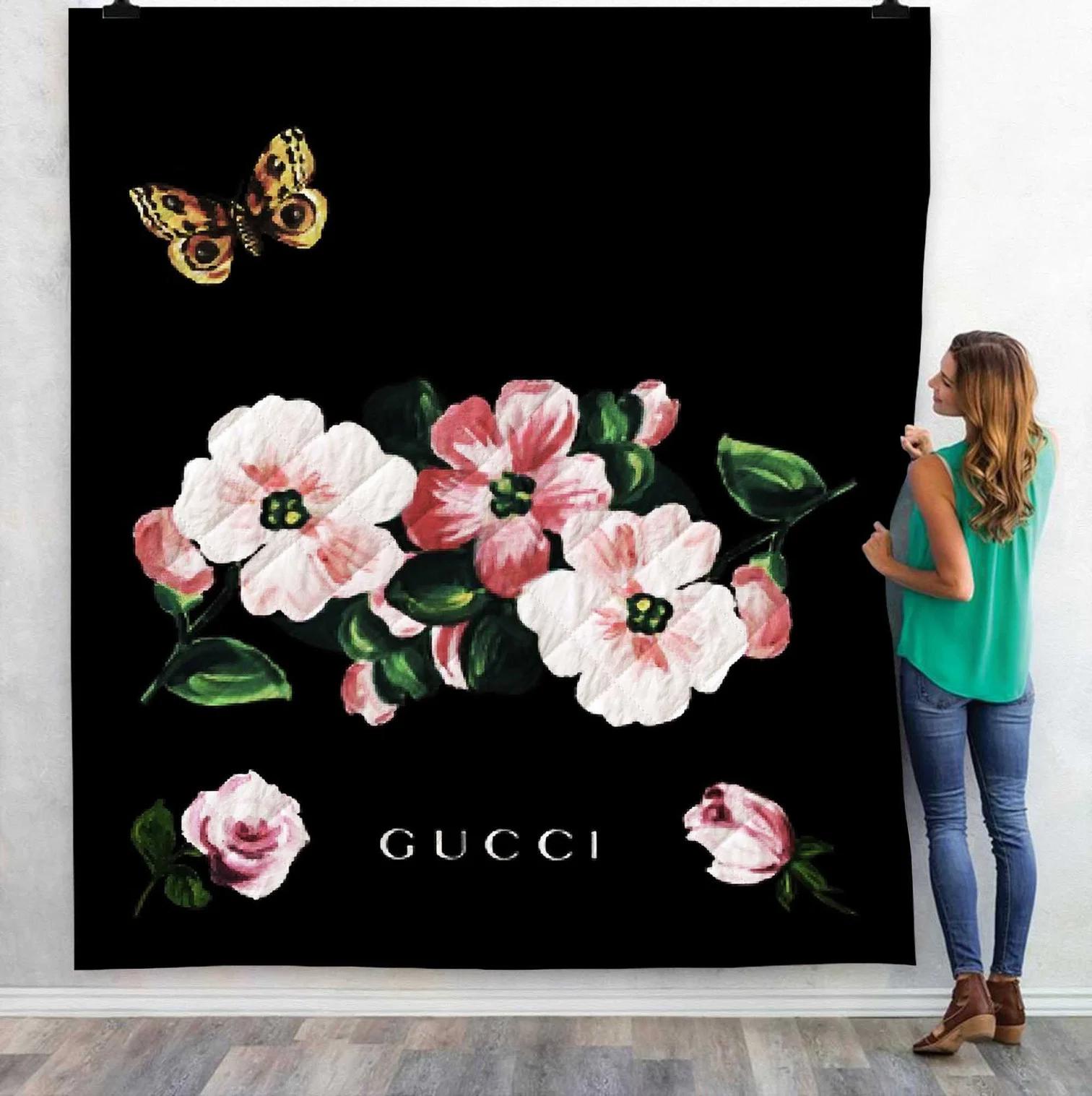 Gucci flowers logo fashion luxury brand premium blanket fleece home decor 111 Blanket Fleece