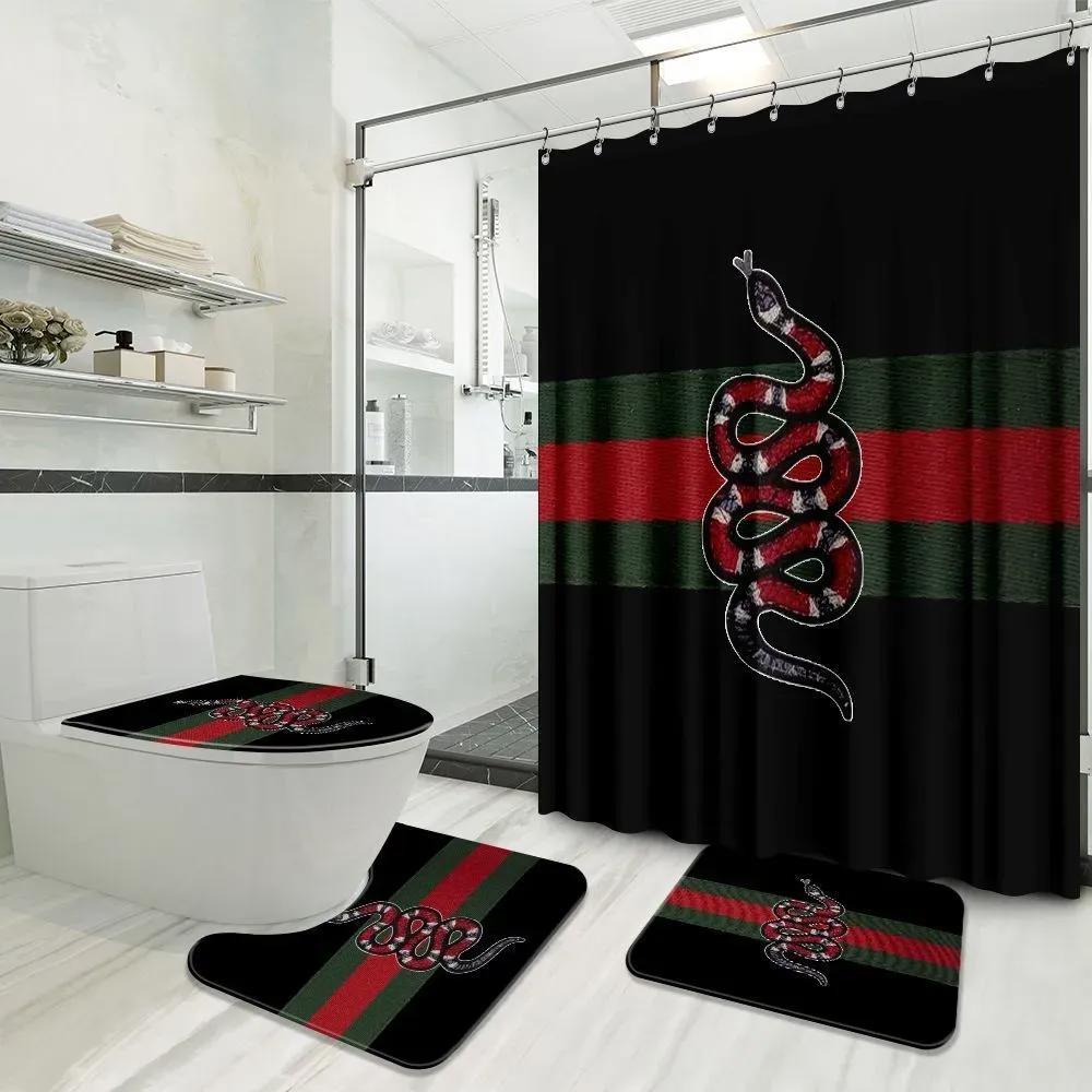 Gucci logo type 1414 Bathroom Accessory Sets Bathroom Sets Luxury Fashion Brand Home Decor Bath Mat Set Toilet Cover Waterproof Shower Curtain Pedestal Rug Hypebeast Bathroom