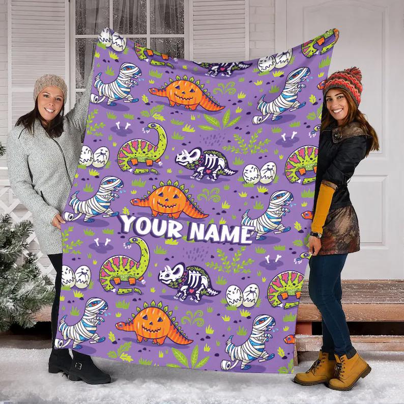 Halloween decorations custom name dinosaur halloween blanket, mummy dinosaur blanket, pumpkin  halloween blanket, thanksgiving blanket, fall season blanket Quilt Blanket