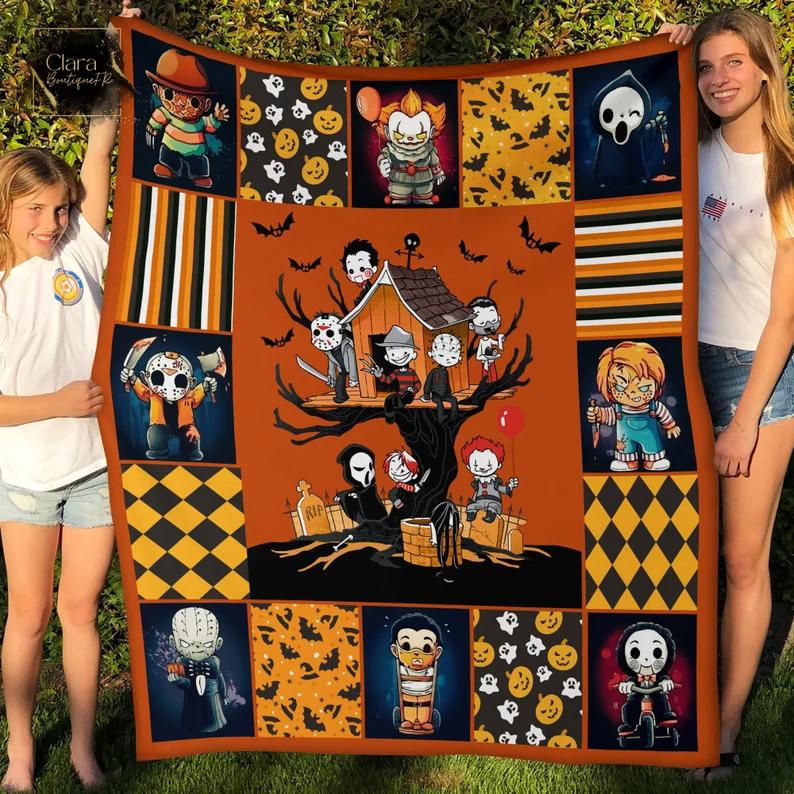 Halloween decorations horror halloween movie characters fleece blanket, mink sherpa blanket, horror characters blanket, halloween gift, horror movie fan gift Quilt Blanket