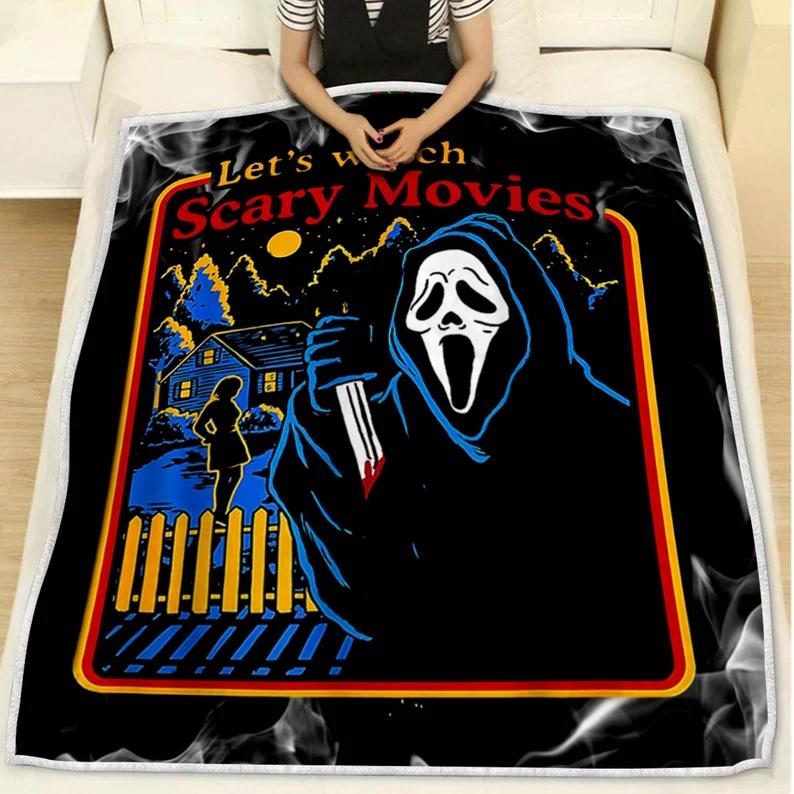 Halloween decorations let’s watch scary movies fleece blanket, horror movie blanket, horror characters blanket, scary movies halloween gifts Quilt Blanket