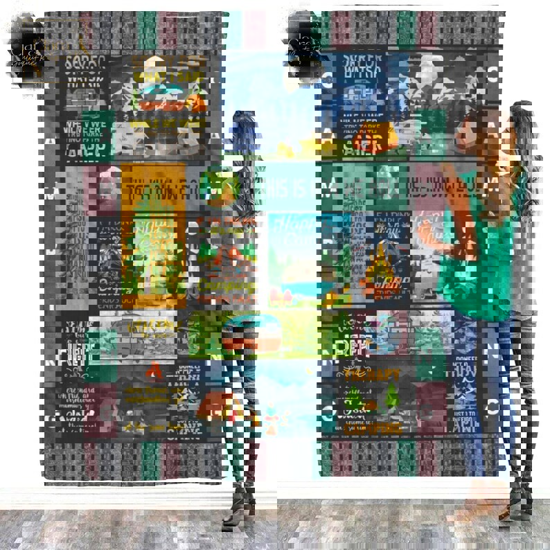 Happy camper camping fleece blanket, mink sherpa blanket, camping quilt, campfire blanket, funny camping quilt Quilt Blanket