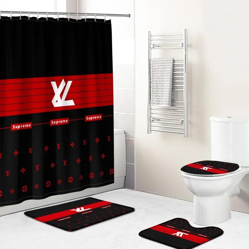 Louis vitton red and black full logo type 977 Bathroom Accessory Sets Bath Mat Set Bathroom Sets Toilet Cover Luxury Fashion Brand Pedestal Rug Waterproof Shower Curtain Hypebeast Bathroom Home Decor