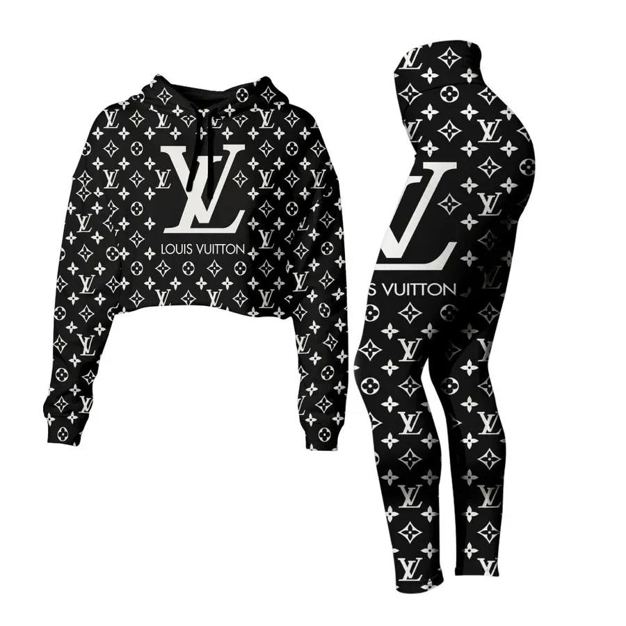 Louis vuitton black luxury brand clothes premium leggings and crop top set for women Croptop Hoodie Legging Set