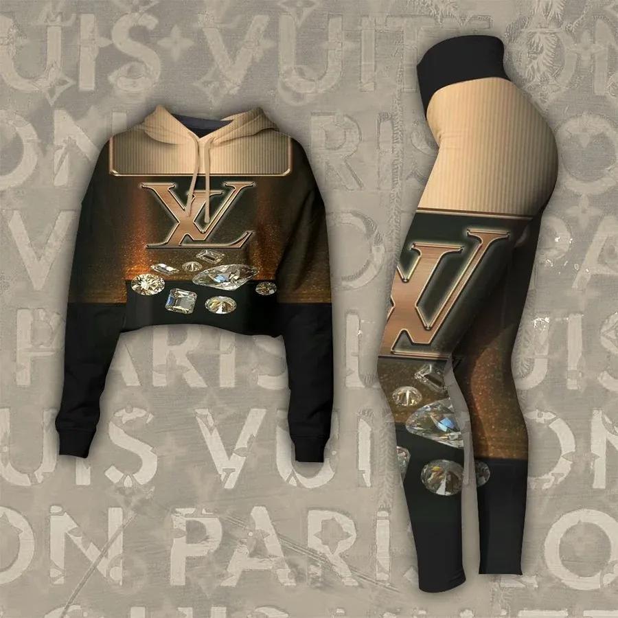 Louis vuitton diamond black luxury brand clothes leggings and crop top set for women Croptop Hoodie Legging Set